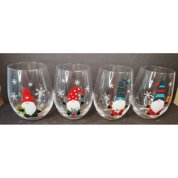 NOS Set of 4 Pier 1 Gnome Glasses Christmas Stemless Wine 18oz. New